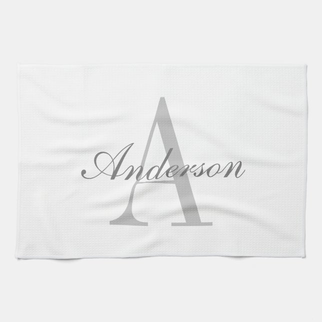 Elegant White & Grey Monogram Kitchen Towel (Horizontal)
