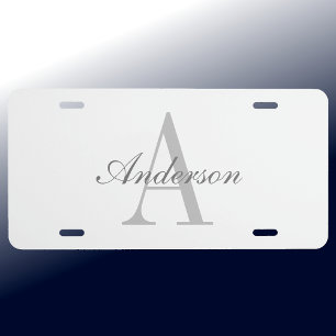 Elegant White & Grey Monogram License Plate
