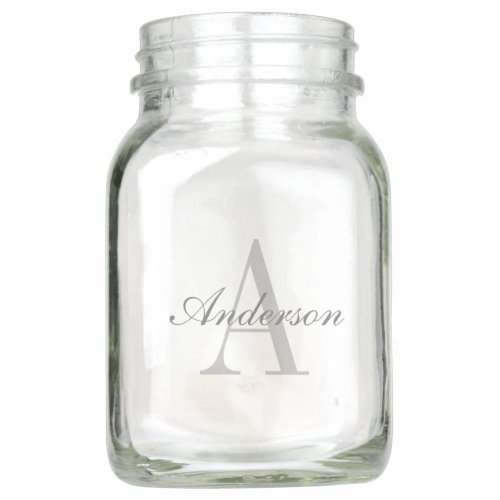 Elegant White  Grey Monogram Mason Jar