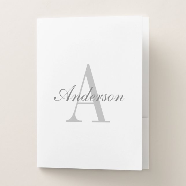 Elegant White & Grey Monogram Pocket Folder (Front)