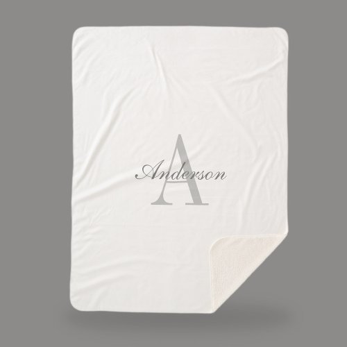 Elegant White  Grey Monogram Sherpa Blanket