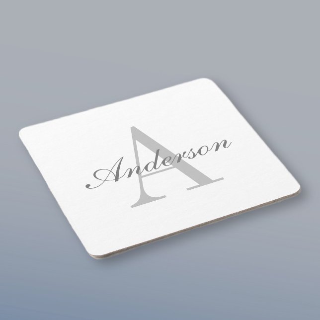 Elegant White & Grey Monogram Square Paper Coaster (Creator Uploaded)