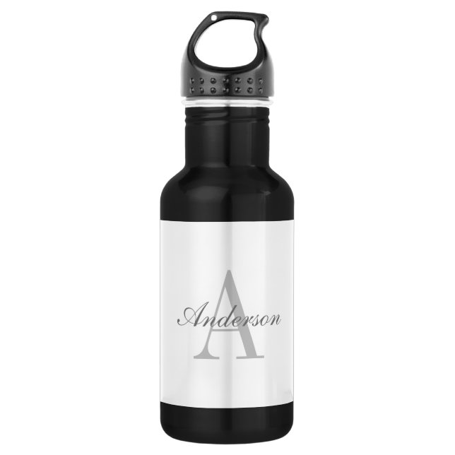Elegant White & Grey Monogram Stainless Steel Water Bottle (Front)