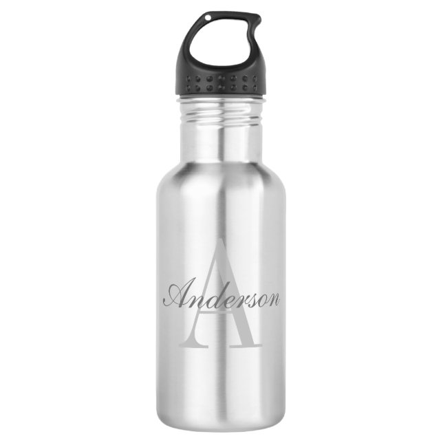 Elegant White & Grey Monogram Stainless Steel Water Bottle (Front)