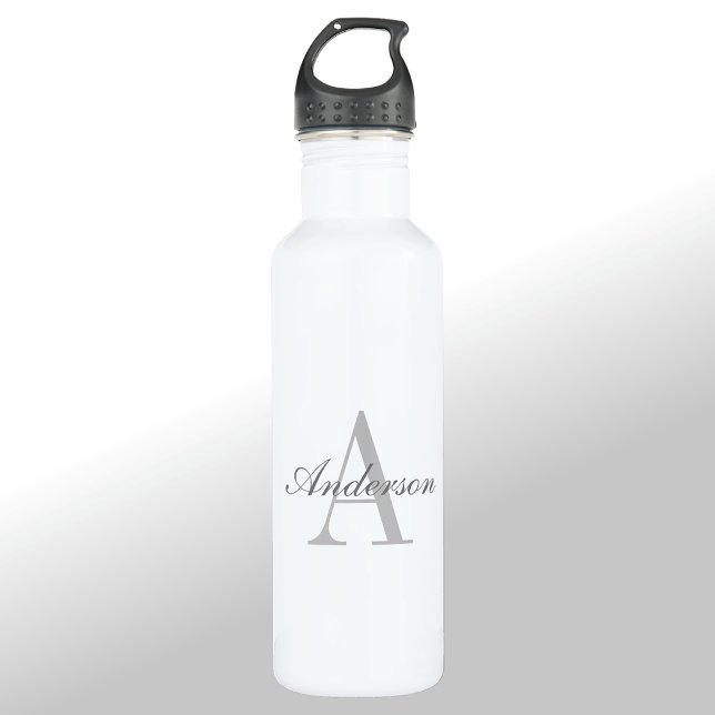 Elegant White & Grey Monogram Stainless Steel Water Bottle (Creator Uploaded)