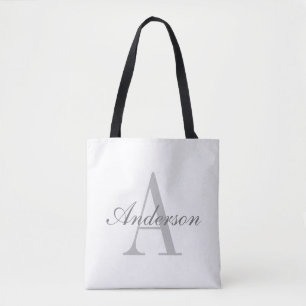 Elegant White & Grey Monogram Tote Bag