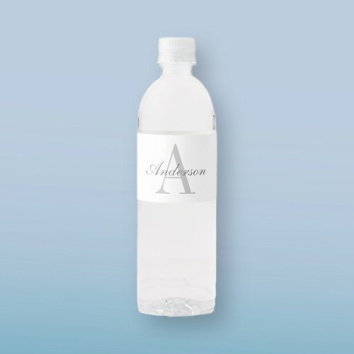 Elegant White  Grey Monogram Water Bottle Label