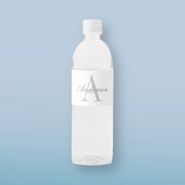 Elegant White & Grey Monogram Water Bottle Label (Creator Uploaded)