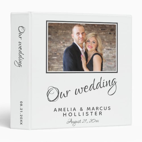 Elegant White Grey Wedding Photo Album 3 Ring Binder - Elegant White Grey Wedding Photo Album 3 ring binder. An elegant white wedding photo album for your wedding day memories with a trendy script in dark grey color. Easily personalize all the text on the front and on the spine and the wedding photo on the front - make your own unique photo album.