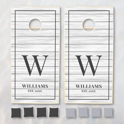 Elegant White Grey Wood Plank Family Name Monogram Cornhole Set