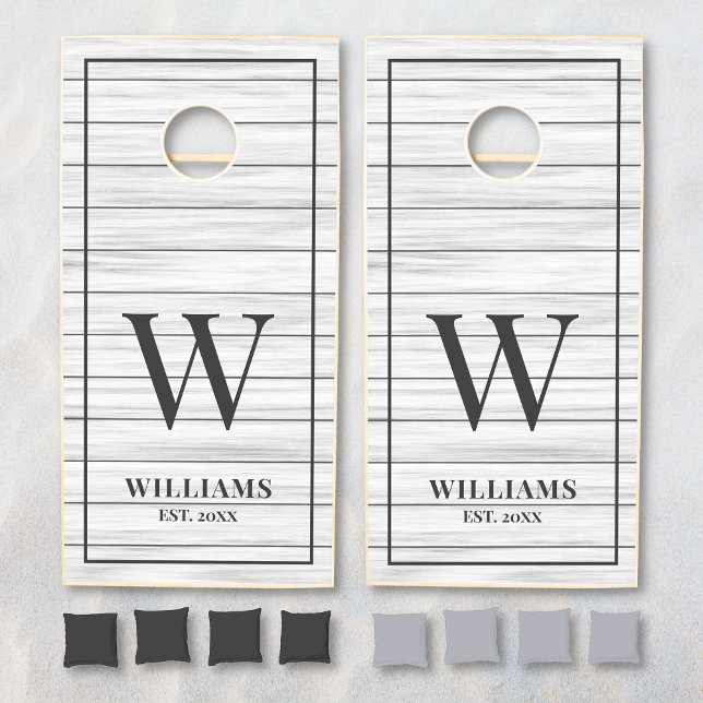 Elegant White Grey Wood Plank Family Name Monogram Cornhole Set (Creator Uploaded)