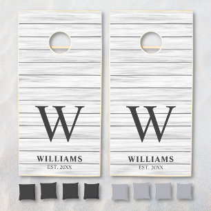 Elegant White Grey Wood Plank Family Name Monogram Cornhole Set