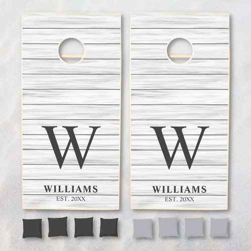 Elegant White Grey Wood Plank Family Name Monogram Cornhole Set