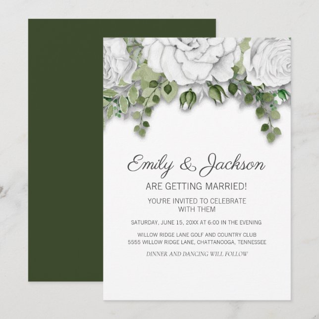 Elegant White Hand Drawn Flowers Green Wedding Invitation (Front/Back)