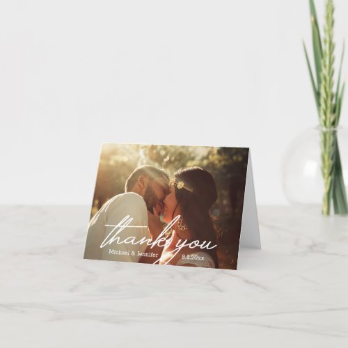 elegant white handwriting wedding  2 photos thank you card