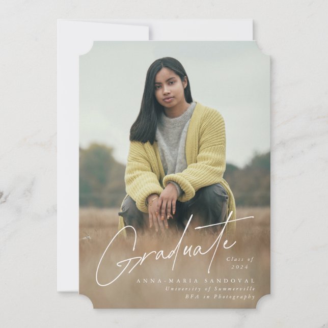 Elegant White Handwritten Font 2 Photo Graduation Announcement (Front)