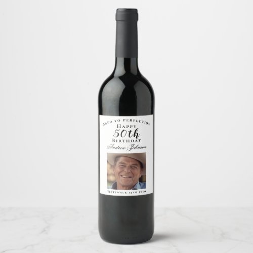 Elegant White Happy 50th Birthday Party Photo Wine Label