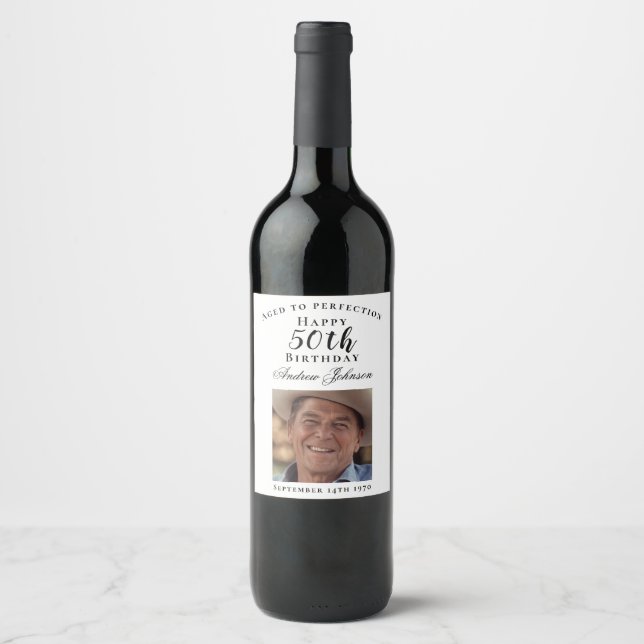 Elegant White Happy 50th Birthday Party Photo Wine Label (Front)