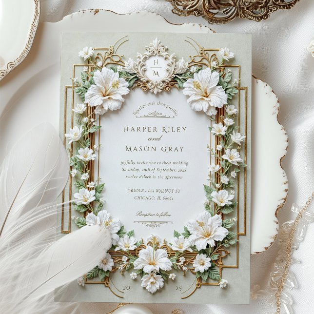 Elegant White Hibiscus with Faux Gold Invitation (Creator Uploaded)