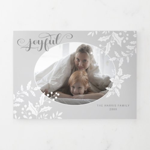 Elegant White Holly on Gray wCalligraphy Photo Tri_Fold Holiday Card