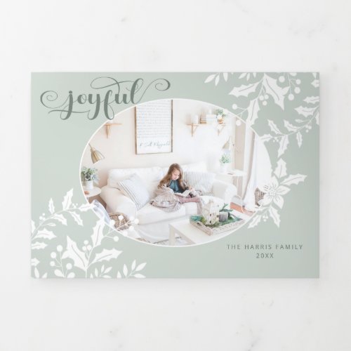 Elegant White Holly on Green wCalligraphy Photo Tri_Fold Holiday Card