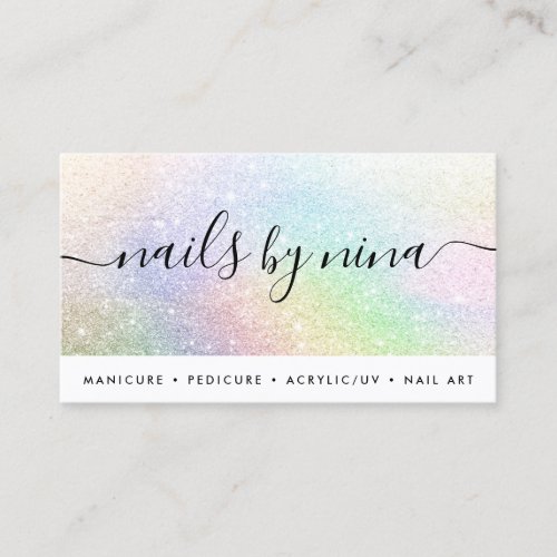 Elegant white holographic rainbow glitter script business card