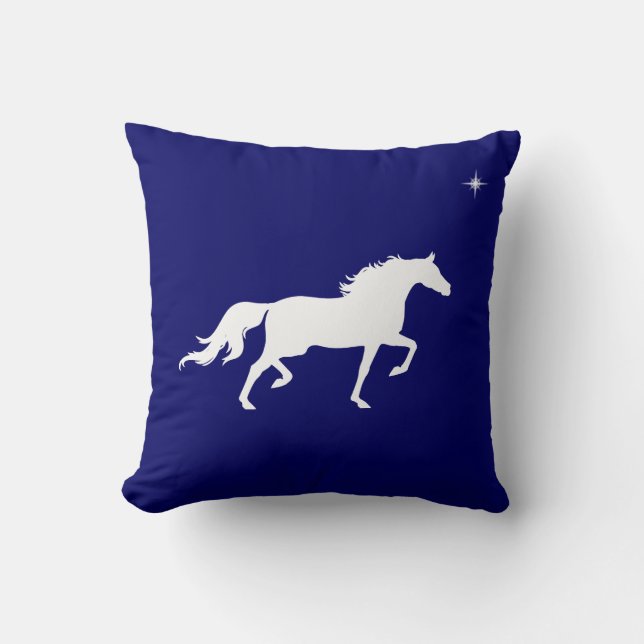 Elegant white horse and star  on navy blue throw pillow (Front)