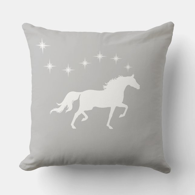 Elegant white horse and stars on silver gray throw pillow (Front)