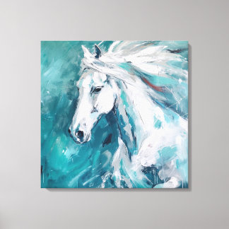 Elegant White Horse Art on Blue Background  Canvas Print