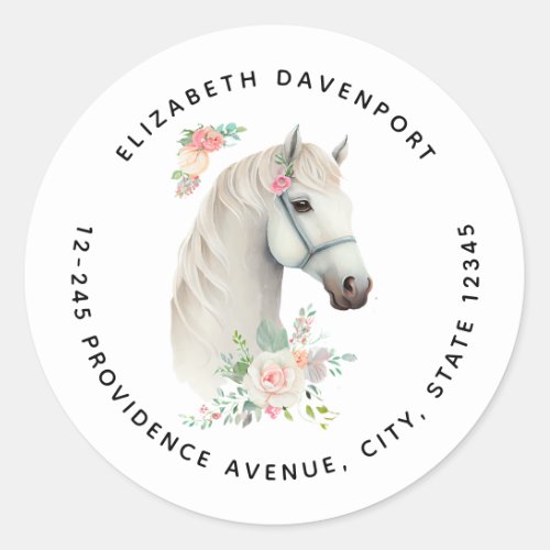 Elegant White Horse Boho Floral Address Classic Round Sticker