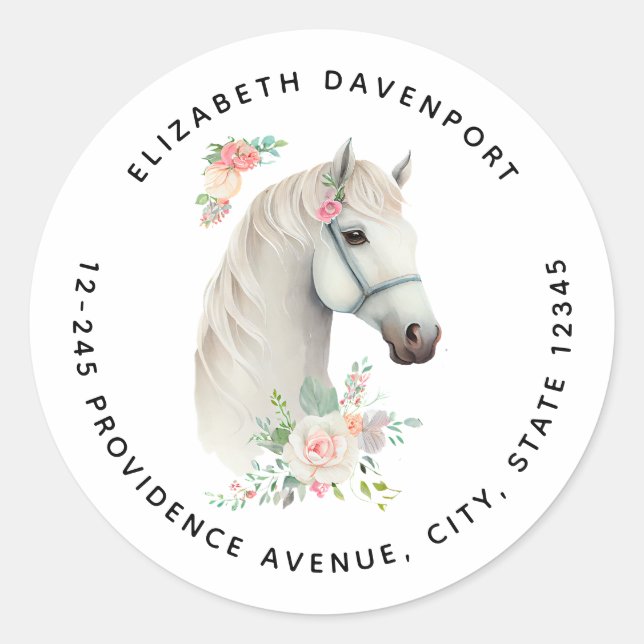 Elegant White Horse Boho Floral Address Classic Round Sticker (Front)