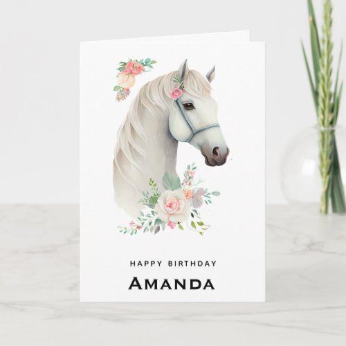 Elegant White Horse Boho Floral Birthday Card
