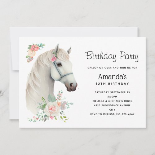 Elegant White Horse Boho Floral Birthday Invitation