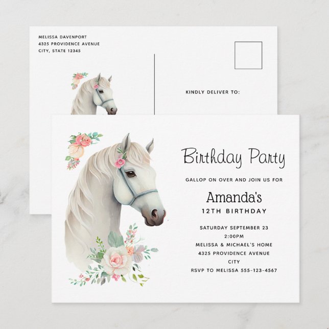 Elegant White Horse Boho Floral Birthday Invite (Front/Back)