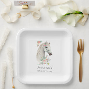 Elegant White Horse Boho Floral Birthday Paper Plates
