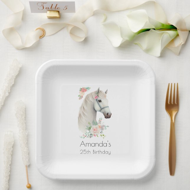 Elegant White Horse Boho Floral Birthday Paper Plates (Wedding)