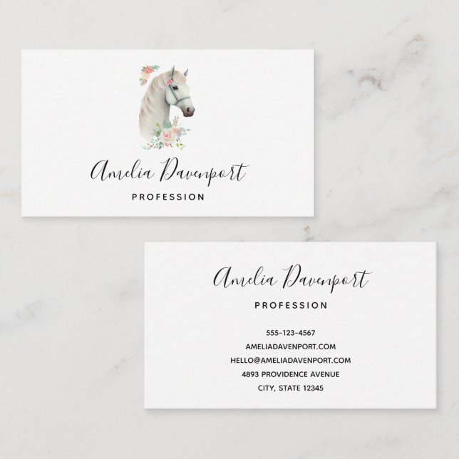 Elegant White Horse Boho Floral Business Card (Front/Back)