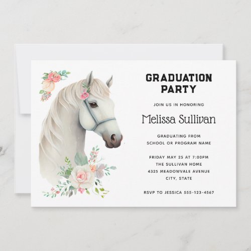 Elegant White Horse Boho Floral Graduation Invitation