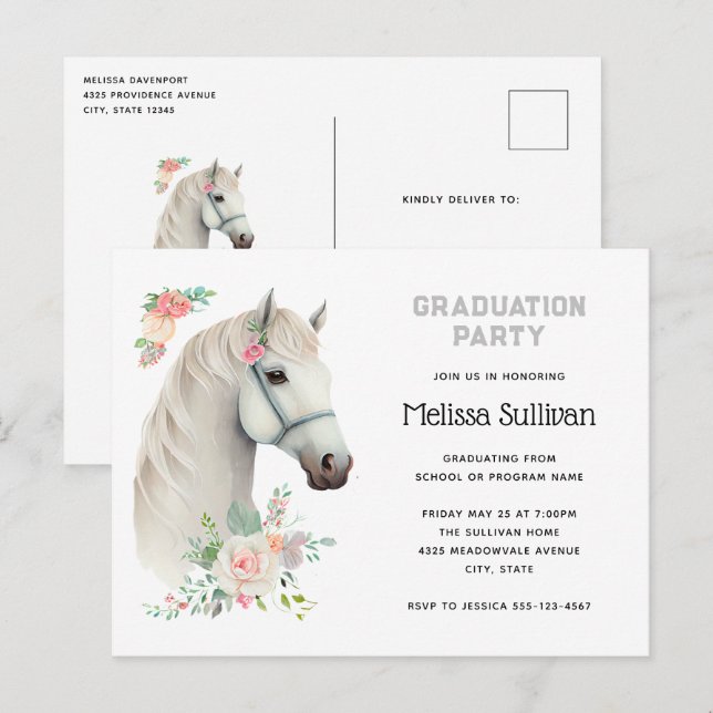 Elegant White Horse Boho Floral Graduation Invite (Front/Back)