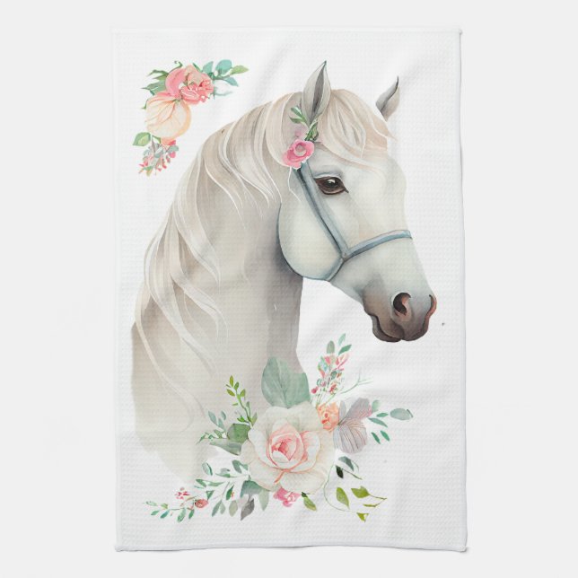 Elegant White Horse Boho Floral Kitchen Towel (Vertical)