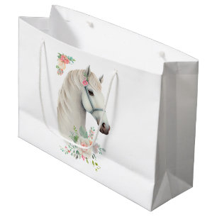 Elegant White Horse Boho Floral Large Gift Bag