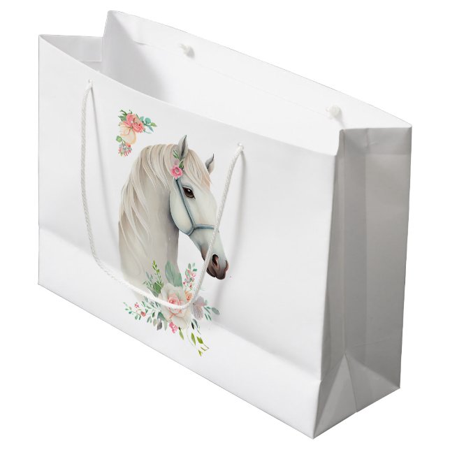 Elegant White Horse Boho Floral Large Gift Bag (Front Angled)