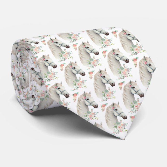 Elegant White Horse Boho Floral Patterned Neck Tie (Rolled)
