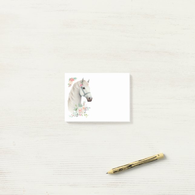 Elegant White Horse Boho Floral Post-it Notes (On Desk)