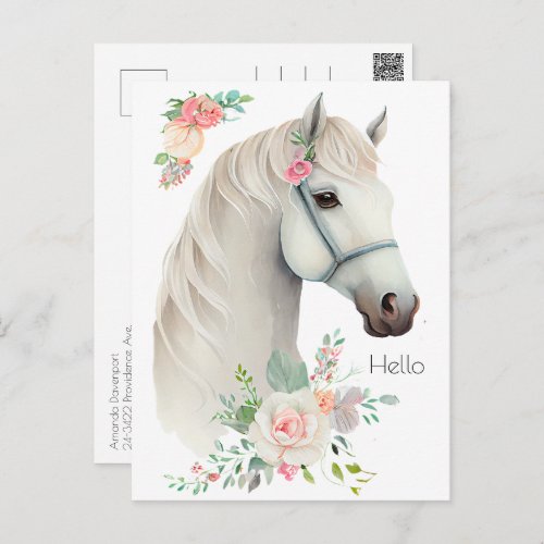 Elegant White Horse Boho Floral Postcard