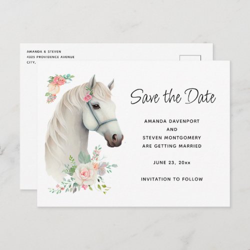 Elegant White Horse Boho Floral Save the Date Invitation Postcard