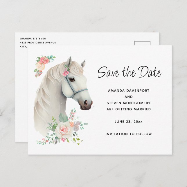 Elegant White Horse Boho Floral Save the Date Invitation Postcard (Front/Back)