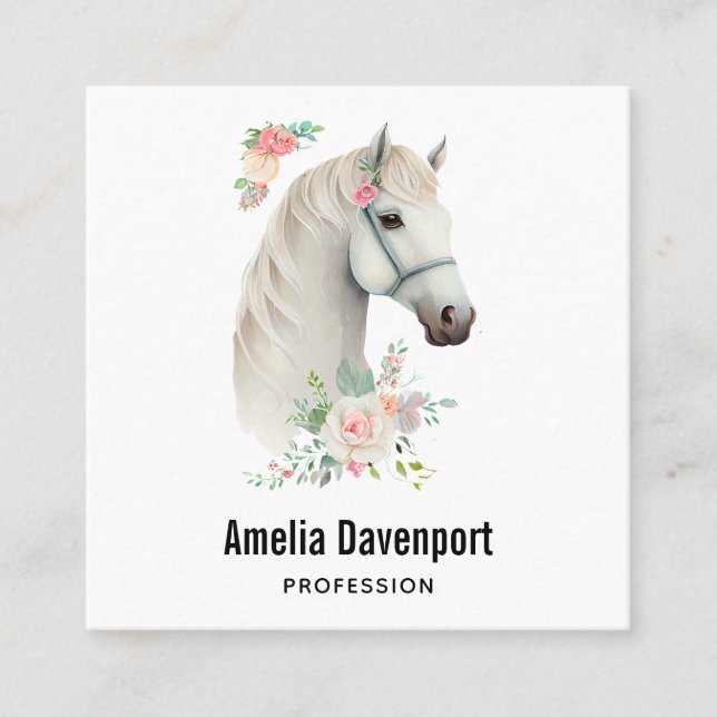 Elegant White Horse Boho Floral Square Business Card (Front)