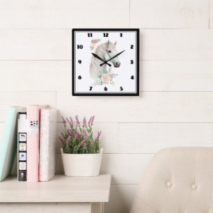 Elegant White Horse Boho Floral Square Wall Clock
