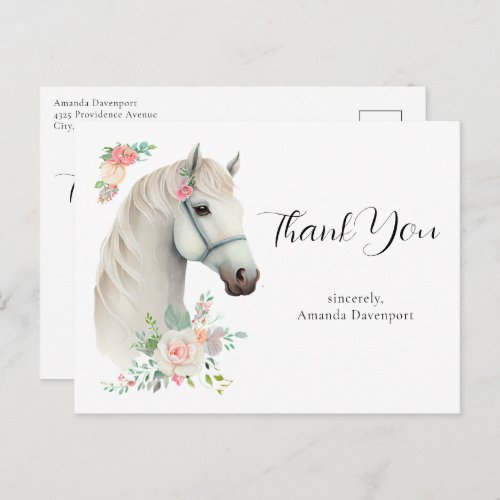Elegant White Horse Boho Floral Thank You Postcard